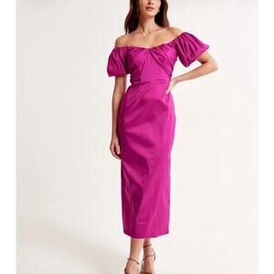 Abercrombie & Fitch Taffeta Off-the-Shoulder Midi Dress - Size Small NWT Fuschia